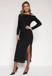 Czarna Dopasowana Sukienka z Metaliczną Ozdobą na Ramieniu Reilara. Czarne sukienki damskie Born2be, z aplikacjami, eleganckie, bez ramiączek. Za 129.99 zł.