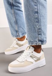 Biało-Beżowe Sneakersy na Grubej Podeszwie z Brokatowymi Wstawkami Qmalthea. Białe obuwie sportowe damskie Born2be, z materiału, bez zapięcia. Za 84.99 zł.