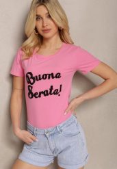 Różowy Casualowy T-shirt z Bawełny Wykończony Cyrkoniowym Napisem Lavisha. Czerwone t-shirty damskie Renee, l, bez wzorów, z bawełny, bez kołnierzyka. Za 34.99 zł.