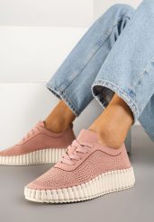Różowe Ażurowe Sneakersy na Grubej Podeszwie z Tłoczeniem Ronele. Czerwone obuwie sportowe damskie Born2be, bez zapięcia. Za 84.99 zł.