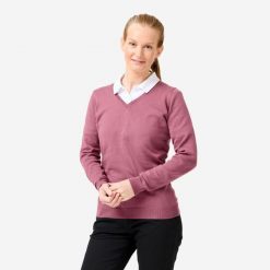 Sweter do golfa damski Inesis MW100 dekolt w serek. Fioletowe golfy damskie INESIS, l, bez wzorów, z bawełny, bez ramiączek. Za 69.99 zł.
