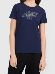 4F Koszulka w kolorze granatowym rozmiar: XS. Niebieskie bluzki damskie 4F, xs, bez wzorów, z bawełny, bez kołnierzyka, bez ramiączek. Za 26.99 zł.