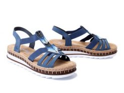 RIEKER V7909-12 blue, sandały damskie. Niebieskie sandały damskie Rieker, bez wzorów, bez obcasa, na koturnie, bez zapięcia. Za 244.93 zł.