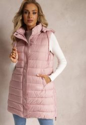 Różowa Pikowana Kamizelka z Kieszeniami i Kapturem i Ozdobnymi Suwakami na Dole Culvena. Czerwone kamizelki damskie Renee, l, bez wzorów. Za 159.99 zł.