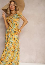 Beżowo-Żółta Rozkloszowana Sukienka Hiszpanka z Wiskozy w Kwiatowy Wzór Viseria. Brązowe sukienki damskie Renee, bez wzorów, z materiału, bez ramiączek. W wyprzedaży za 51.99 zł.