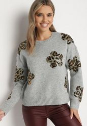 Jasnoszary Sweter z Kwiatowymi Naszywkami i Cekinami Ciadora. Szare swetry klasyczne damskie Born2be, z jeansu, bez kołnierzyka. Za 159.99 zł.
