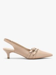 Beżowe czółenka slingback z ozdobnymi paskami. Brązowe czółenka damskie Ryłko, bez wzorów, z gumy, bez obcasa, na obcasie. Za 399.99 zł.