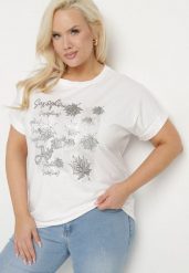 Biały T-shirt z Bawełny o Kroju Nietoperza z Metalicznym Nadrukiem Olisenia. Białe t-shirty damskie Born2be, xl, bez wzorów, z bawełny, bez kołnierzyka. Za 39.99 zł.