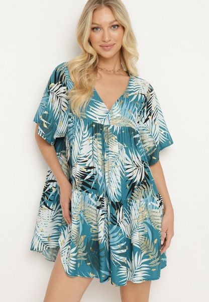 Biało-Niebieska Rozkloszowana Sukienka z Dekoltem w Serek i Falbanką Tiamaria. Białe sukienki damskie Born2be, bez wzorów, eleganckie, bez ramiączek. Za 39.99 zł.