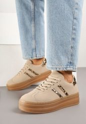 Ciemnobeżowe Sneakersy na Grubej Podeszwie z Ozdobnym Wzorem Felimala. Brązowe obuwie sportowe damskie Born2be, z jeansu, bez zapięcia. Za 84.99 zł.