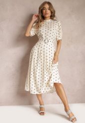 Jasnobeżowa Rozkloszowana Sukienka Midi z Gumką w Pasie i Ozdobnym Paskiem z Klamrą Abennita. Brązowe sukienki damskie Renee, z aplikacjami, z materiału, eleganckie, bez ramiączek. W wyprzedaży za 127.99 zł.