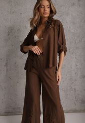 Brązowy Boho Komplet z Bawełną Koszula i Spodnie z Ażurowymi Zdobieniami Runesa. Brązowe koszule damskie Renee, m, z aplikacjami, z bawełny, boho, bez kołnierzyka, bez ramiączek. Za 129.99 zł.