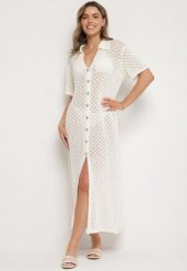 Jasnobeżowa Siateczkowa Sukienka Koszulowa z Bawełną Folaris. Brązowe sukienki damskie Born2be, bez wzorów, z bawełny, eleganckie, bez ramiączek. Za 129.99 zł.