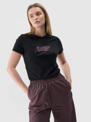 4F T-shirt slim z nadrukiem damski - czarny S. Czarne t-shirty damskie 4F, s, bez wzorów, z bawełny, bez kołnierzyka. W wyprzedaży za 29.99 zł.