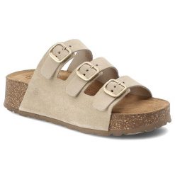 Klapki damskie Yokono, cholewka ze skóry naturalnej odkryty fason trzy regulowane paski z klamrami, beżowe, Wiwi-263. Brązowe klapki damskie Yokono, bez wzorów, ze skóry, bez obcasa, bez zapięcia. Za 224.90 zł.