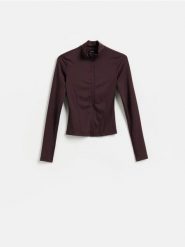 Bluza ze stójką - ciemnofioletowy. Fioletowe bluzy damskie Reserved, l, bez wzorów, z dzianiny, bez kaptura. Za 99.99 zł.