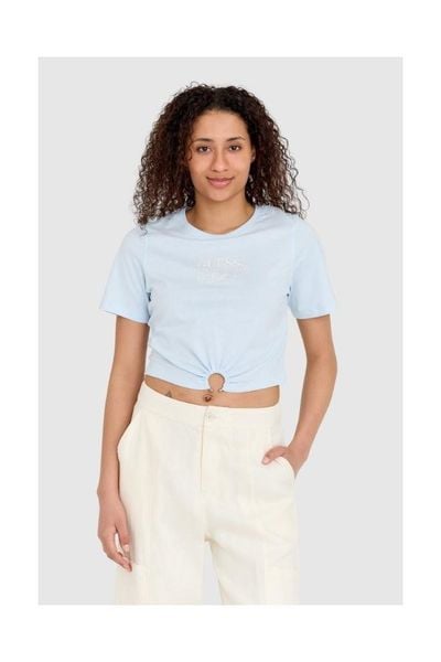 GUESS Niebieski t-shirt damski cropped fit piercing, Rozmiar S. Niebieskie t-shirty damskie Guess, s, z aplikacjami, bez kołnierzyka. W wyprzedaży za 129.99 zł.