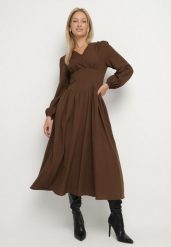 Brązowa Sukienka z Wiskozą o Kroju z Gorsetową Talią i Bufiastymi Rękawami Aniste. Brązowe sukienki damskie Born2be, bez wzorów, z poliesteru, eleganckie, bez ramiączek. Za 139.99 zł.