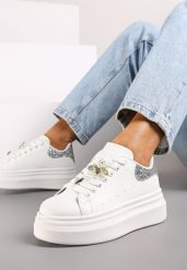Biało-Srebrne Sneakersy na Platformie z Ozdobami na Sznurówkach i Brokatem Sezirra. Białe obuwie sportowe damskie Renee, z materiału, bez zapięcia. Za 79.99 zł.