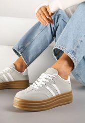Beżowo-Szare Sneakersy w Stylu Tenisówki z Paskami Hirnelia. Brązowe obuwie sportowe damskie Renee, z jeansu, bez zapięcia, tenisowe. Za 79.99 zł.