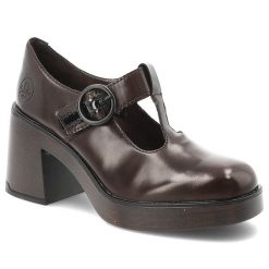 Półbuty damskie Rieker o eleganckim fasonie z paskiem i ozdobną klamrą osadzone na stabilnym obcasie typu słupek brązowe 58053-25, Brown. Brązowe półbuty damskie Rieker, na jesień, bez wzorów, z okrągłym noskiem, bez obcasa, na słupku, bez zapięcia. Za 349.00 zł.
