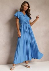 Niebieska Koktajlowa Maxi Sukienka Ozdobiona Plisami z Trójkątnym Dekoltem i Wiązaniem w Talii Phoelia. Niebieskie sukienki damskie Renee, bez wzorów, eleganckie, bez ramiączek. W wyprzedaży za 63.99 zł.