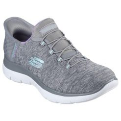Damskie SUMMITS DAZZLING HAZE Slip-On Szary / Wielokolorowy. Szare obuwie sportowe damskie Skechers, z materiału, bez zapięcia. Za 279.99 zł.