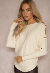 Beżowy Sweter z Wiskozą Ozdobiony Wycięciami na Rękawach Evathia. Brązowe swetry klasyczne damskie Renee, z jeansu, bez kołnierzyka. Za 79.99 zł.