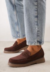 Ciemnobrązowe Mokasyny VICES z Imitacji Zamszu w Klasycznym Stylu Malaeno. Brązowe mokasyny damskie Renee, z jeansu, bez obcasa. Za 119.99 zł.