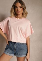 Jasnoróżowy T-shirt z Wiskozą o Fasonie Nietoperza Tanalitha. Czerwone t-shirty damskie Renee, bez wzorów, z jeansu, bez kołnierzyka. Za 49.99 zł.