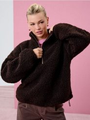 Bluza sherpa ze stójką na zamek - brązowy. Brązowe bluzy damskie Sinsay, l, bez wzorów, z polaru, bez kaptura. Za 69.99 zł.