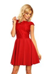 Sukienka Elegancka Rozkloszowana z Koronką - Czerwona. Czerwone sukienki damskie NUMOCO, bez wzorów, z koronki, eleganckie, bez ramiączek. Za 260.90 zł.