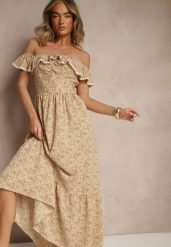 Żółta Sukienka z Ozdobnymi Falbankami Folanne. Żółte sukienki damskie Renee, bez wzorów, z jeansu, eleganckie, bez ramiączek. W wyprzedaży za 67.99 zł.