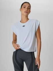 4F Koszulka treningowa regular szybkoschnąca damska - niebieska L. Niebieskie koszulki sportowe damskie 4F, l, bez wzorów, bez ramiączek, na fitness i siłownię. Za 79.99 zł.