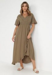 Ciemnozielona Sukienka z Wiskozy Aeraste. Zielone sukienki damskie Born2be, z aplikacjami, z bawełny, bez ramiączek. Za 79.99 zł.