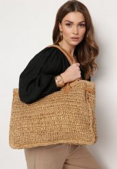 Beżowa Duża Torebka Tote Plażowa z Plecionki w Stylu Boho Delmirra. Brązowe torebki klasyczne damskie Born2be, z materiału, duże, bez dodatków. Za 119.99 zł.