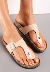Beżowe Japonki z Szerokim Paskiem z Klamerką Tremeda. Brązowe klapki damskie Renee, bez wzorów, bez obcasa, bez zapięcia. Za 44.99 zł.