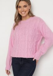 Różowy Sweter z Wełną Ściągaczem i Tłoczeniem Riavonnae. Czerwone swetry klasyczne damskie Born2be, z jeansu, bez kołnierzyka. Za 79.99 zł.