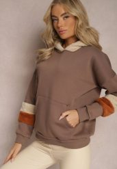 Brązowa Bawełniana Bluza z Kapturem i Wstawkami z Polaru Qilin. Brązowe bluzy damskie Renee, z aplikacjami, z bawełny, z kapturem. Za 84.99 zł.