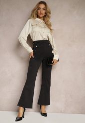 Czarno-Beżowy Kombinezon z Koszulową Górą Zdobiony Wiązaniem i Eleganckimi Guzikami Eliti. Czarne sukienki damskie Renee, z aplikacjami, biznesowe, bez ramiączek. W wyprzedaży za 127.99 zł.