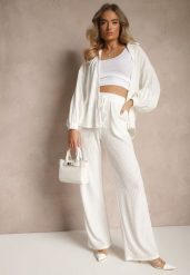 Białe Prążkowane Spodnie High Waist o Szerokim Kroju Belnella. Białe spodnie materiałowe damskie Renee, bez wzorów, z jeansu. Za 109.99 zł.