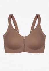 Ciemnobeżowy Sportowy Biustonosz z Suwakiem z Przodu Eziline. Brązowe biustonosze sportowe damskie Born2be, bez wzorów. Za 69.99 zł.