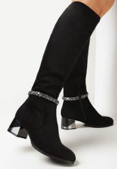 Czarne Kozaki z Ekozamszu na Słupku z Metaliczną Wstawką i Warkoczem z Cyrkonii Brebora. Czarne kozaki damskie Born2be, przed kolano, bez obcasa, na obcasie, bez zapięcia. Za 139.99 zł.