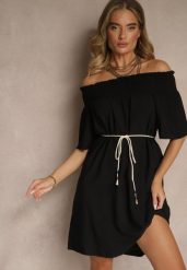 Czarna Sukienka Hiszpanka z Bawełną i Wiskozą Ozdobiona Sznurkiem Lilarelle. Czarne sukienki damskie Renee, bez wzorów, z bawełny, eleganckie, bez ramiączek. W wyprzedaży za 45.49 zł.