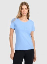 4F T-shirt slim z nadrukiem damski - niebieski XL. Niebieskie t-shirty damskie 4F, xl, bez wzorów, z bawełny, bez kołnierzyka. W wyprzedaży za 39.99 zł.