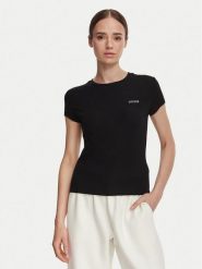 Guess T-Shirt V6YI24 K4787 Czarny Slim Fit. Czarne t-shirty damskie Guess, xxs, z aplikacjami, z lyocellu, bez kołnierzyka. Za 174.99 zł.