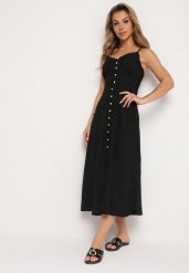 Czarna Sukienka na Cienkich Regulowanych Ramiączkach Zapinana na Guziki Palfea. Czarne sukienki damskie Born2be, z aplikacjami, eleganckie, bez ramiączek. Za 119.99 zł.