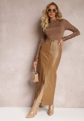 Ciemnobrązowa Ołówkowa Spódnica Maxi z Imitacji Skóry z Rozcięciem Cannell. Brązowe spódnice damskie Renee, m, bez wzorów, ze skóry, maxi. Za 139.99 zł.