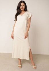 Beżowa Bawełniana Sukienka Pudełkowa o Fasonie Oversize z Kieszeniami Thaelusa. Brązowe sukienki damskie Born2be, bez wzorów, z bawełny, bez ramiączek. Za 139.99 zł.
