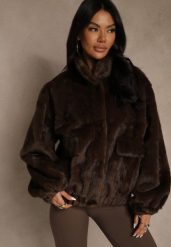 Brązowa Futrzana Kurtka Bomberka z Kieszeniami Tiwedela. Brązowe kurtki damskie Renee, l, bez wzorów, z futra, bez kaptura. Za 229.99 zł.